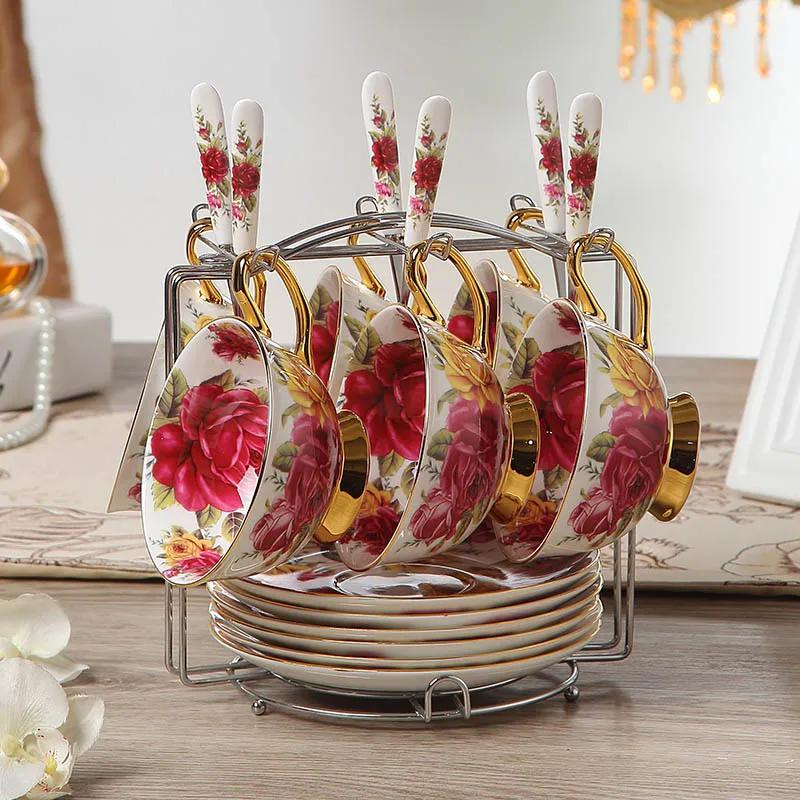 Top-grade British Vintage Rose Bone China Coffee cups set Porcelain Tea Sets Ceramic cups organizer tea party Six-piece Set