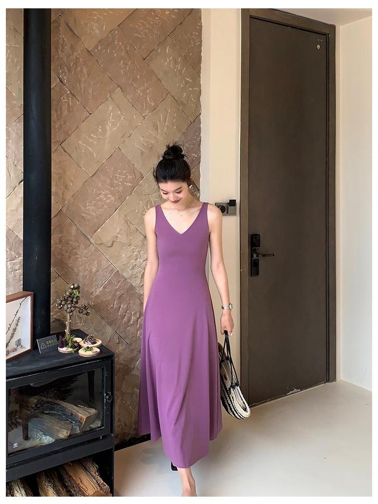 Dopamine Purple V-Neck Ice Silk Knitted Sleeveless Tank Dress for Women - Summer Vacation Style