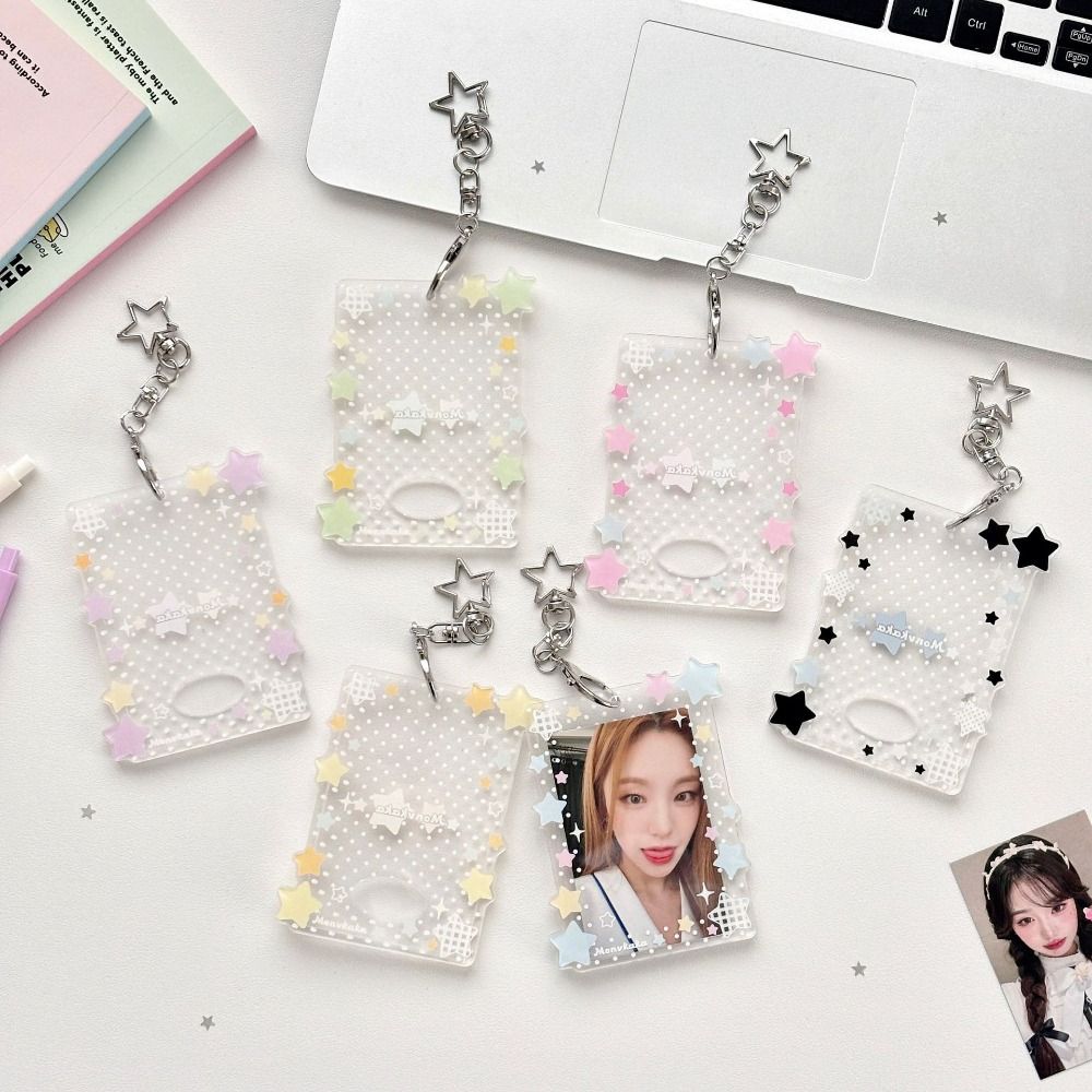 Kawaii Shining Stars Kpop Photo Card Holder Keychain Portable Acrylic Idol Photo Holder 3 Inch Clear ID Card Cover Bag Pendant