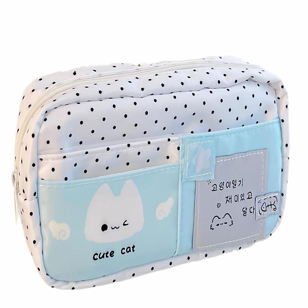 Tongxin Multi-Layer Blue Polka Dot Kitten Ita Bag Pencil Case - Versatile, Large-Capacity Stationery Holder