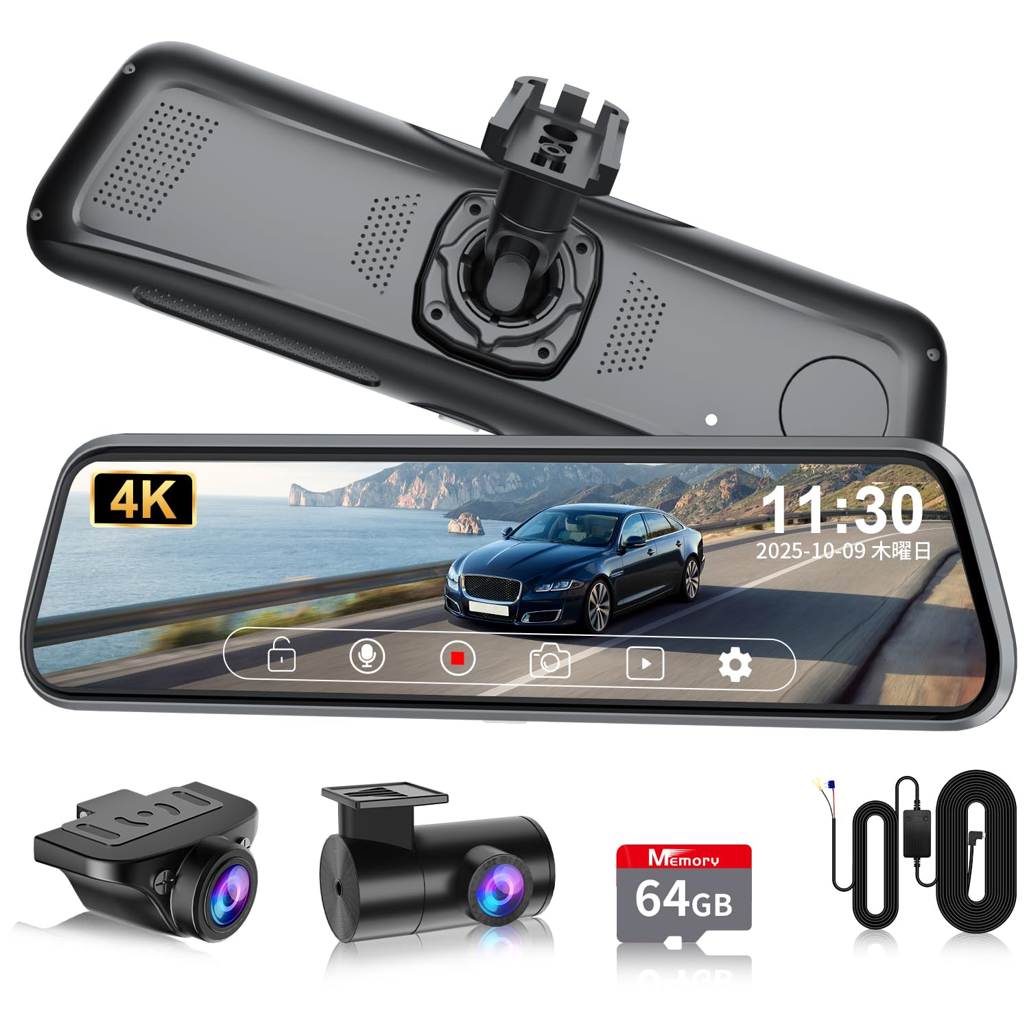 

Mirror Replacement Dash Cam with Separate Front and Rear 64GB 4K Automatic Brightness Night Dash Cam with IMX415 Hidden Rearview Radio Interference