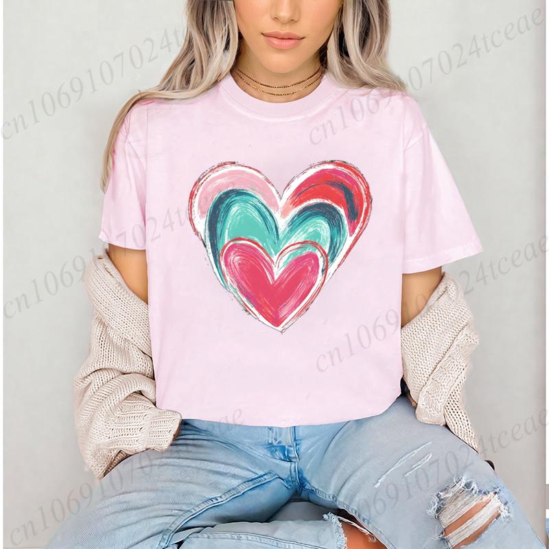 Colorful Heart Printed Womens TShirts Cute Heart TShirts Long Sleeve Womens Tshirts Valentine Day Tee Clothing Long Sleeve