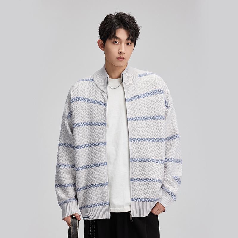 

Retro Striped Men s Stand-Up Collar Knit Cardigan Sweater - Autumn Casual Loose Fit 2XL слонова кістка