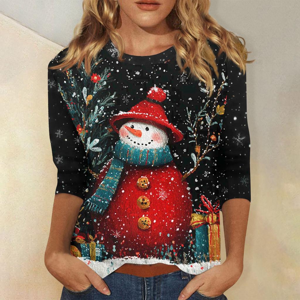 3/4 Sleeve Shirts For Women Print Christmas Tees Blouses Casual Plus Size Basic Tops Pullover