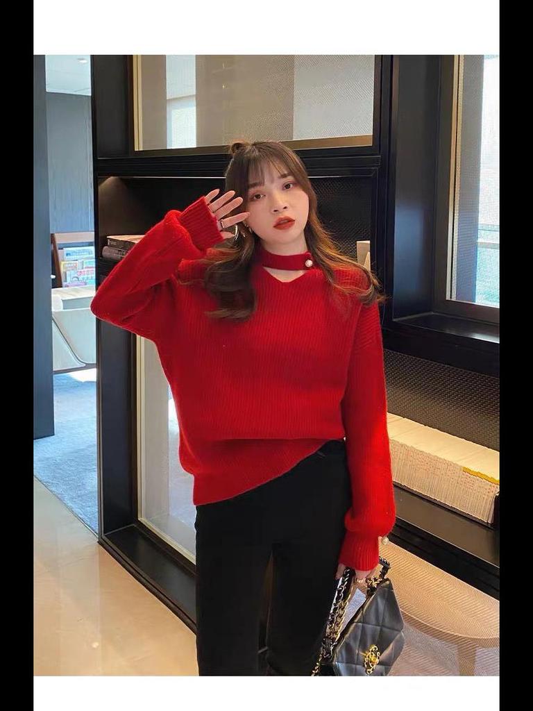 Women's Designer Loose V-Neck Pink Knitted Sweater for Autumn/Winter 2024