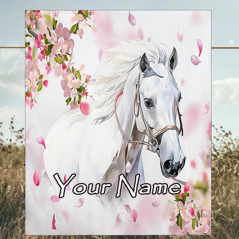 1PC Custom Name "Cherry Blossom Horse Dream" Outdooor Flannel Blankets Patterns Throw Blanket All-Season Soft Gift for Couch, Bed, Camping Gifts