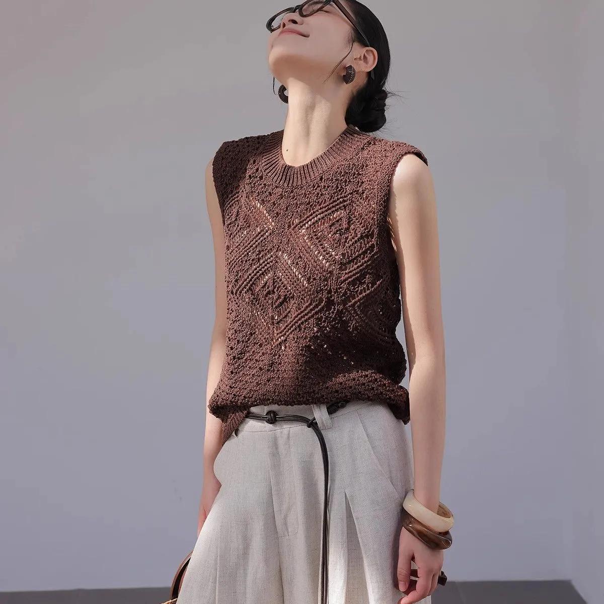 

Women Summer Knit Round Neck Top Sleeveless Openwork Sun Protective Vest XXS кавовий