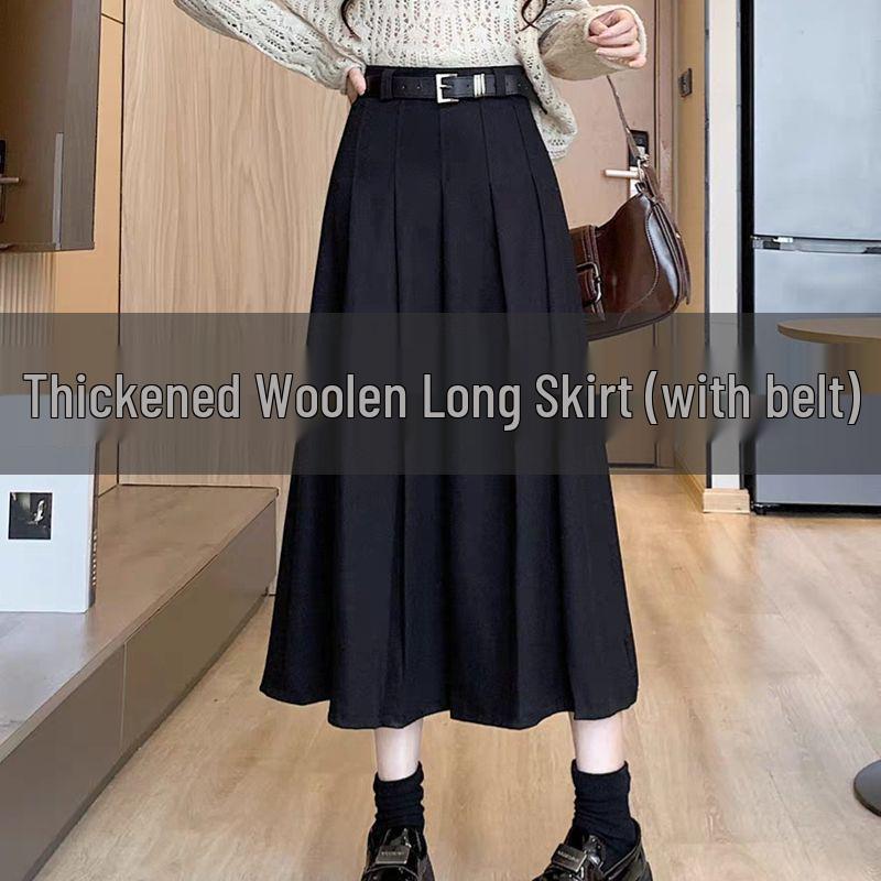 High Waist Woolen A-line Pleated Midi Skirt for Women - Autumn/Winter 2025 Style