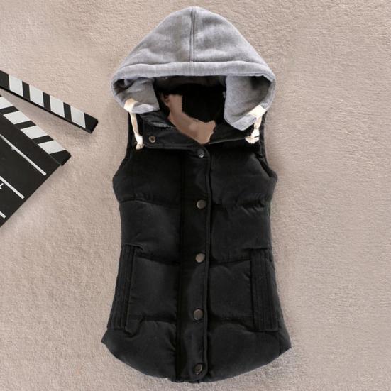 Women Autumn Winter Color Block Sleeveless Hooded Waistcoat Warm Thick Vest Coat
