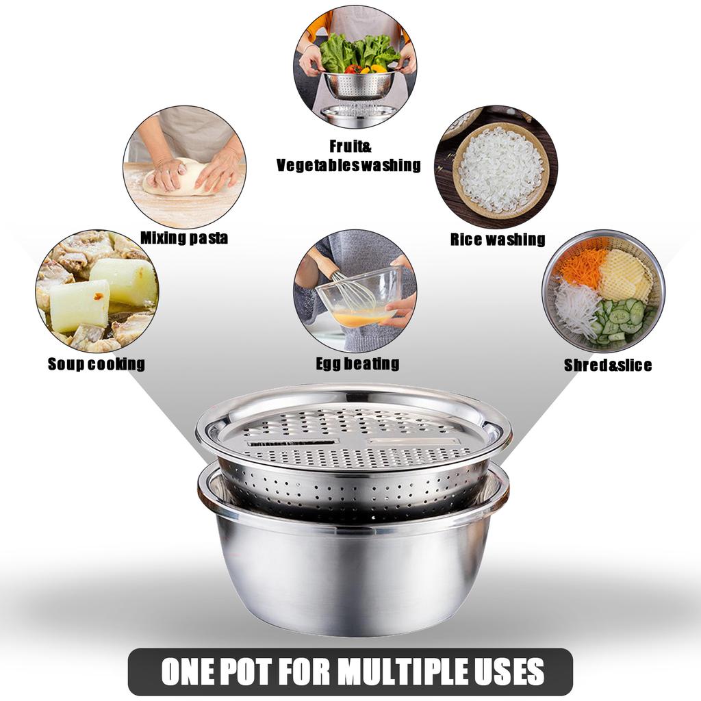 3 in 1 Kitchen Basin Grater, Colander Cutter   with Strainers 10.2 Inch Stainless Steel Mandoline Rice Washing Pasta Mixing Dough Knding Bowls