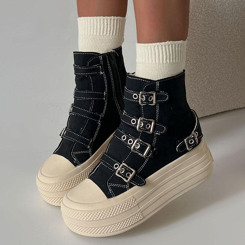 Women Platform Canvas Shoes Classic Casual Outdoor Versatile Sneakers Buckle Design High Top Boots Fashion Zipper Shoes Female
