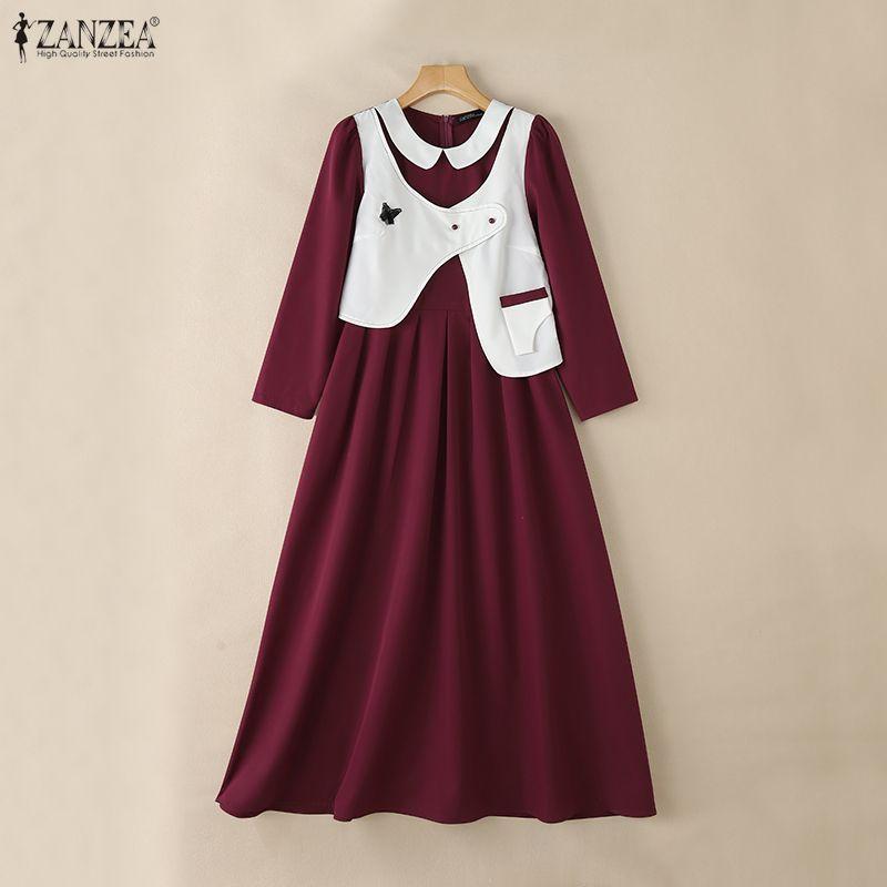 ZANZEA Damen Freizeit Rundhals Langarm Locker Patchwork Langkleid