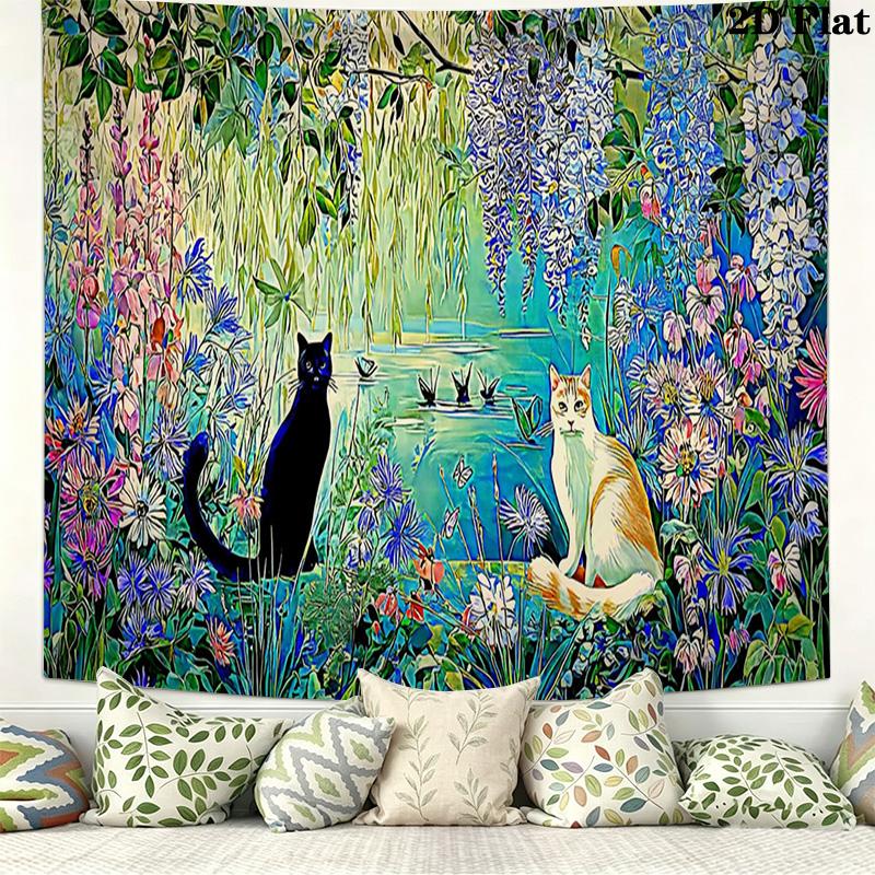 Cute Cat Wall Tapestry Aesthetic Wall Hanging Printed Fabric Blanket Decorative Tapestries for Bedroom Living Room Home Decor