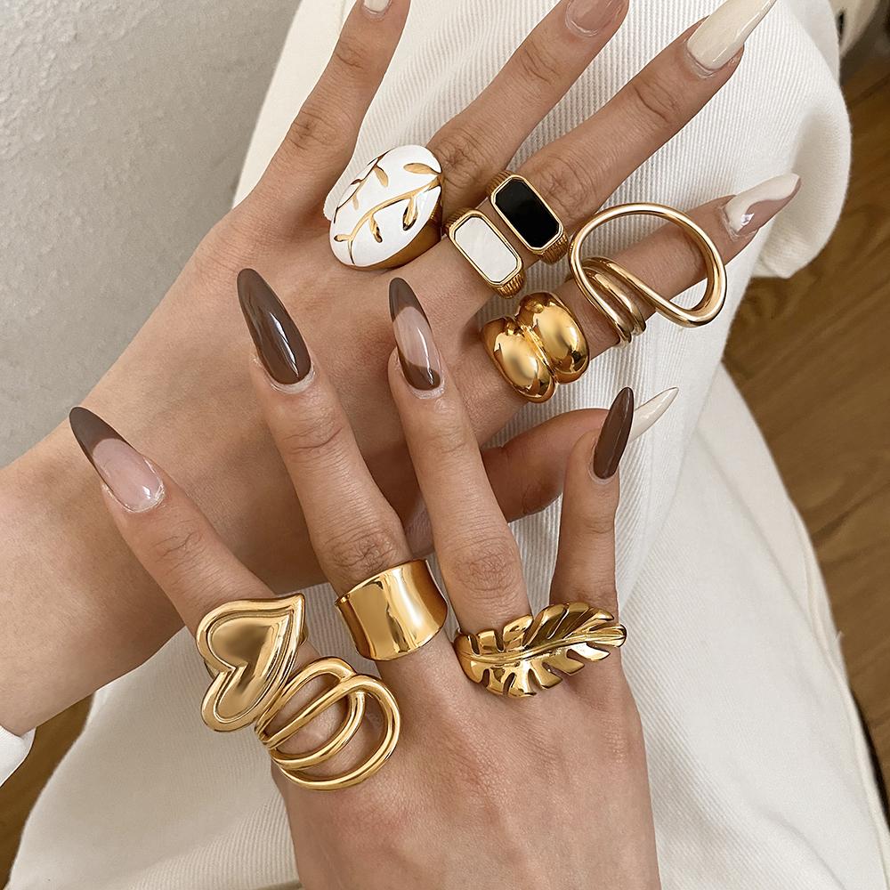 FLASHBUY New Trend Creative Chic Gold Color Curve Irregular Geometric Love Leaf Stainless Steel Unique Ring Fashion Zircon Gift