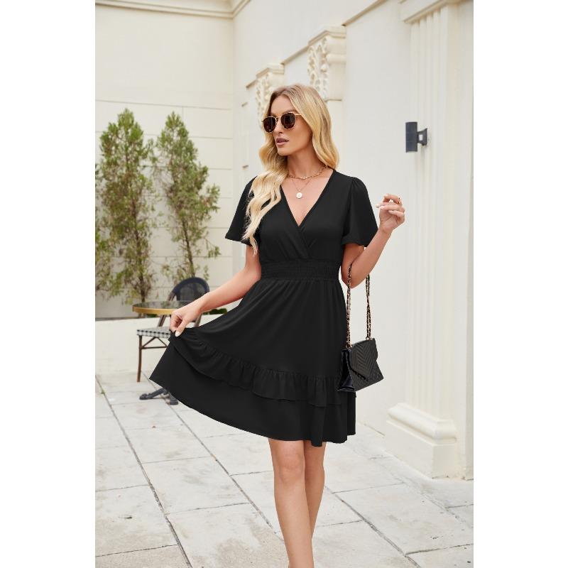 IHUASU Fashion Summer Spring Solid Color Print Short Sleeve V-Neck Casual Dresses