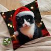 1pc Christmas Cat Decoration - Cute Black and White Santa Hat Pillowcase, Soft Polyester Plush Square Cushion Cover, Suitable for Sofa, Living Room, B