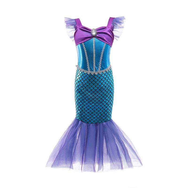 Girls Mermaid Tail Dress Princess Costume Kids 3-8 Years Cotton Blend Short Sleeve Fish Party Gown