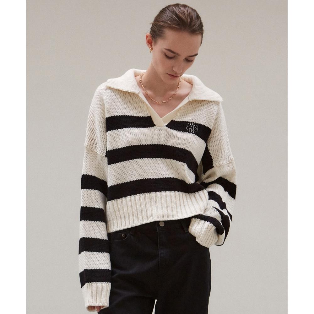 

NICKNICOLE LONG SLEEVE STRIPE OPEN COLLAR KNITIVORY