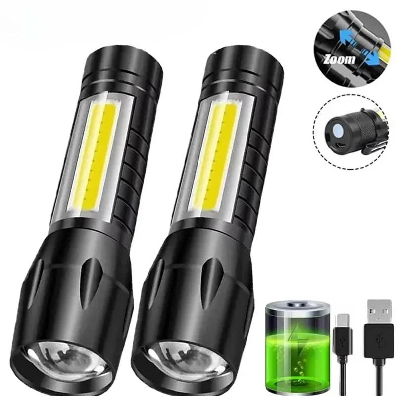 Mini LED Flashlight COB+XPE Portable Torch USB Charging Camping Lantern Zoomable Focus Light Tactical Flashlight with Pen Clip