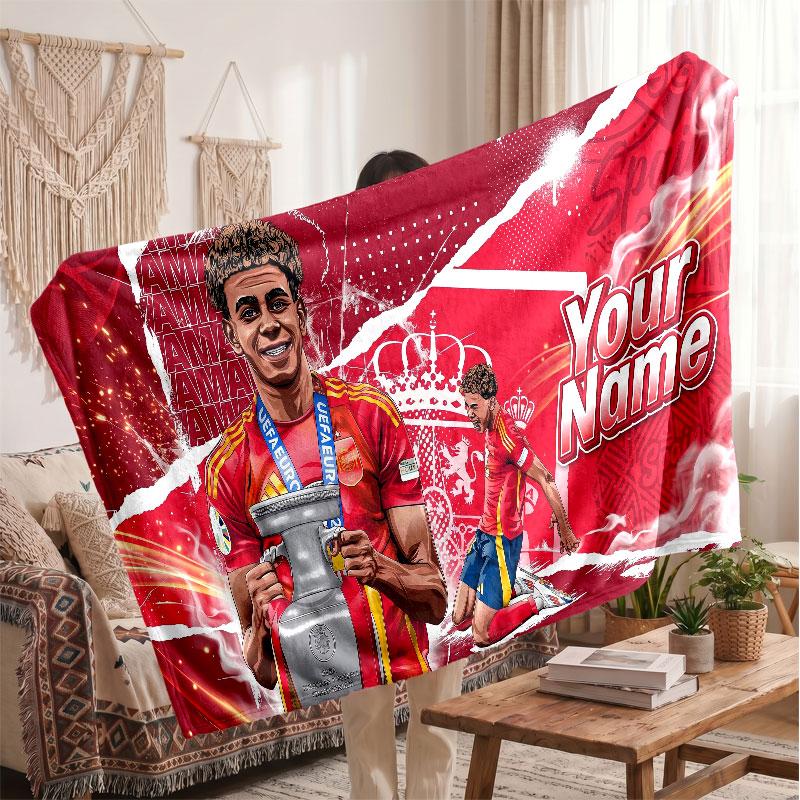 Lamine Yamal Personalisierte Fleecedecke Mit Fußball Logo, Benutzerdefinierter Name Text Weich Warm Heimdecke
