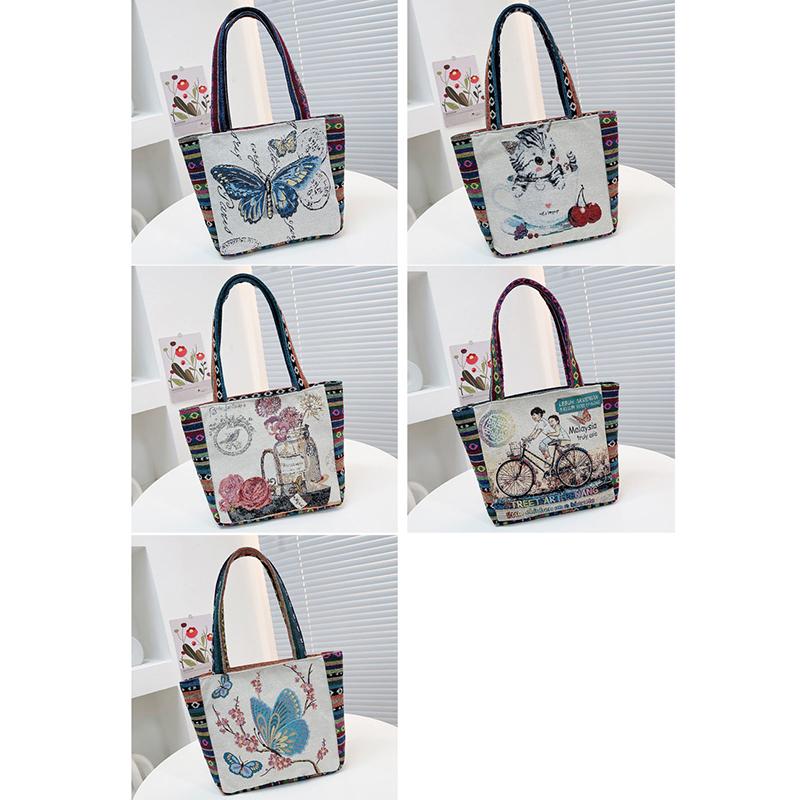 Ethnic Style Handbag Trendy Animal Embroidery Handbag Canvas Women Shoulder Bags Women Grocery Storage Pouch