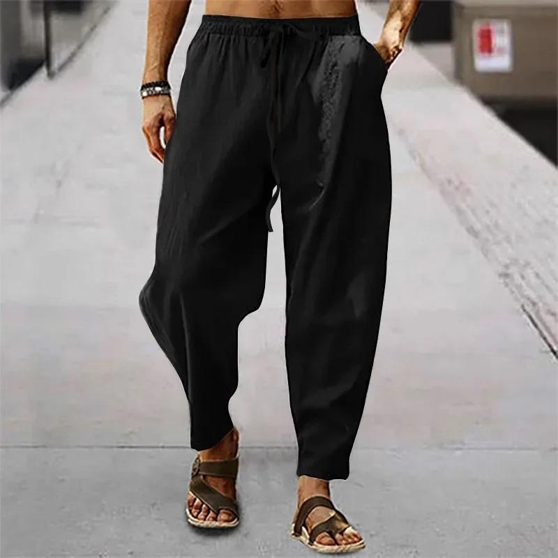 

Men Cotton Linen Pants Summer Solid High Waist Wide-Leg Trousers Male Loose Hemp Casual Breathable Sports Pants M чёрный