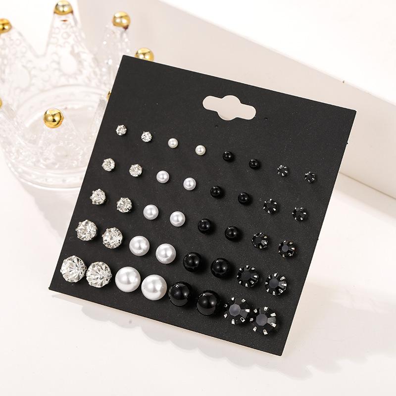 Popular 10 Pair Set Stud Earrings Fashion Size Pearl Set 11 Pair Colored Diamond Set Stud Earrings Popular Earrings