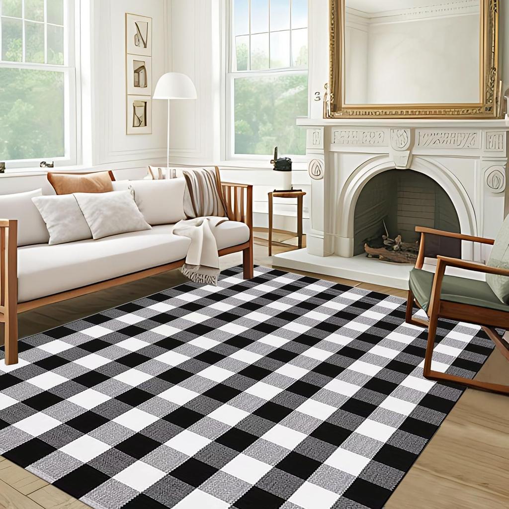 Alfombra Exterior Cuadros Buffalo 5' x 7' Alfombras Lavables, Alfombra Cuadros Blanco y Negro, Algodón Tejido a Mano para Interior o Exterior Cuadros Grande Ar