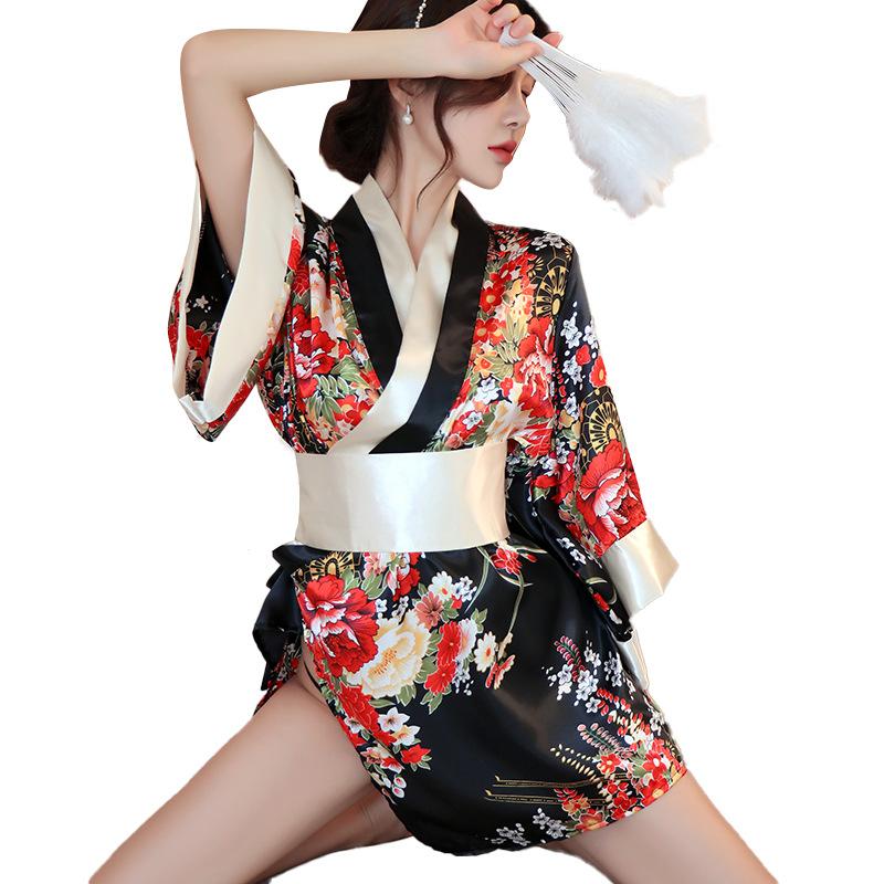 Sexy Lingerie Sexy Print Kimono Uniform Japanese Open Placket Low Neck Perspective Seduction Bathrobe