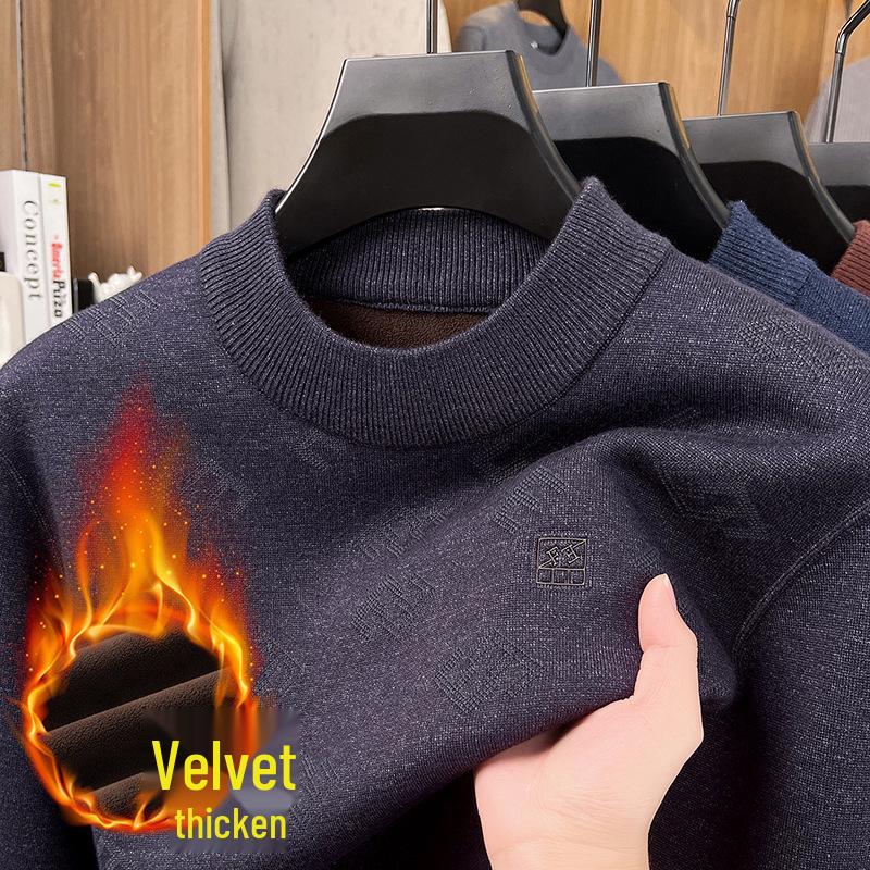 Men's Half-High Collar Jacquard Sweater with Velvet Lining - Warm, Skin-Friendly Knit Base Layer for Fall/Winter