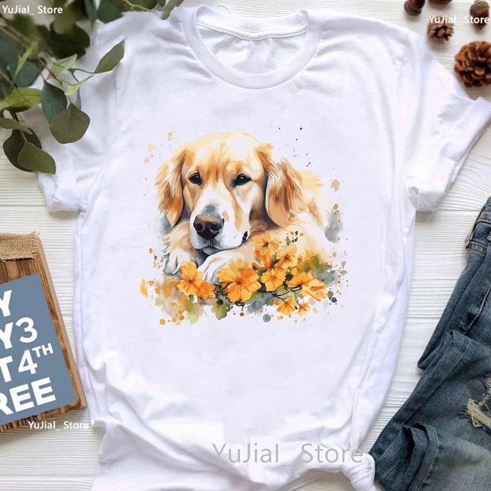 Golden Retriever Hunting Dogs Animal Print T Shirt For Girls Australian Shepherd Dog With Flower Tshirt Unisex Harajuku Shirt