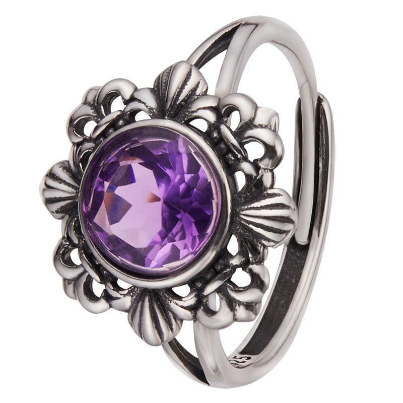 Vintage Hollow Pattern Thai Silver Ring Women'S S925 Sterling Silver Inlaid With Natural Jasper Topaz Gemstone Index Finger Ring