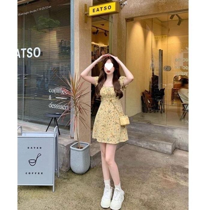 French retro floral tea break dress women's summer new waist pinch to cover the meat and show thinness square collar temperament sweet dress