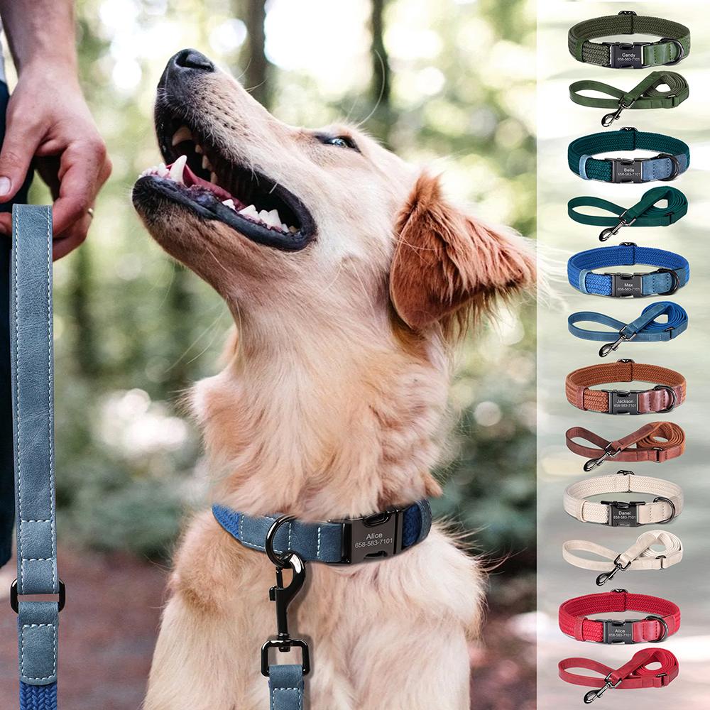 Retro Dog Collar Leash Set Custom Nylon Dog Collars With Walking Lead Rope Adjustable Pet Necklace for Small Large Dogs Durable