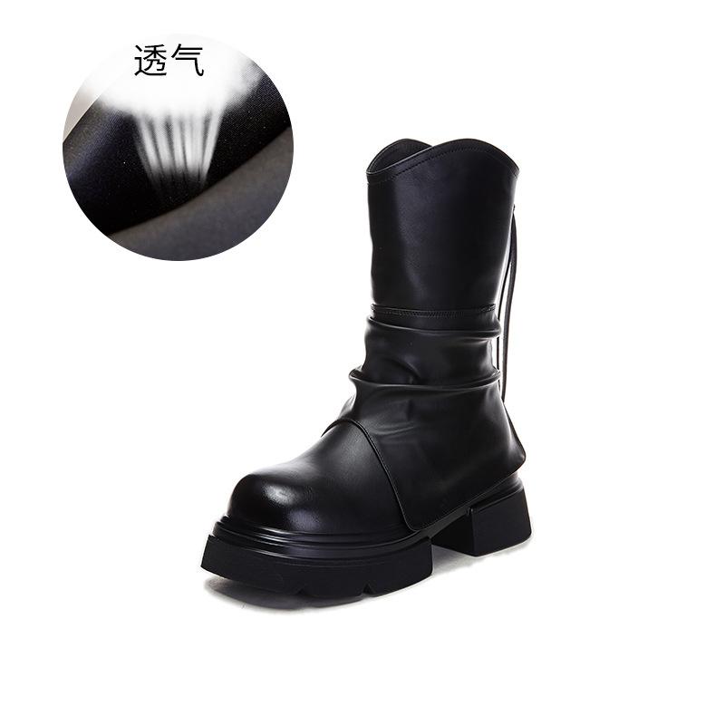 New thick heel Martin boots women's autumn and winter casual mid-tube boots women's round head versatile women's boots pleated art tide boots