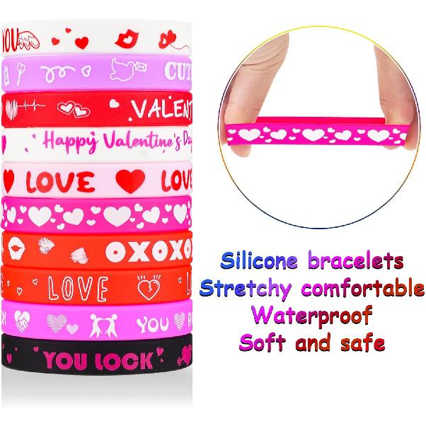 30pcs Valentines Day Rubber Bracelet Bulk Colorful Silicone Wristbands for Women and Kids Valentine Party Favors Supply Classroom Gifts