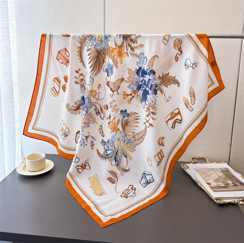 Flower Painting Imitation Silk Large Square Scarf Retro Printing Shawl Neck Silk Scarf Herringbone Women'S Scarf Headscarf