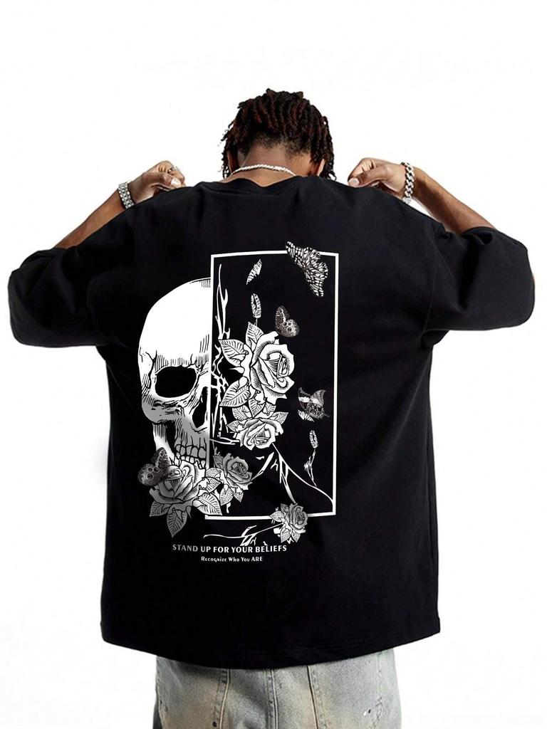 New Goth Men Cotton Butterfly & Skull Print Tee, School T-shirt Suitable for Men - Black Casual Short-sleeved Round-neck T-shirt