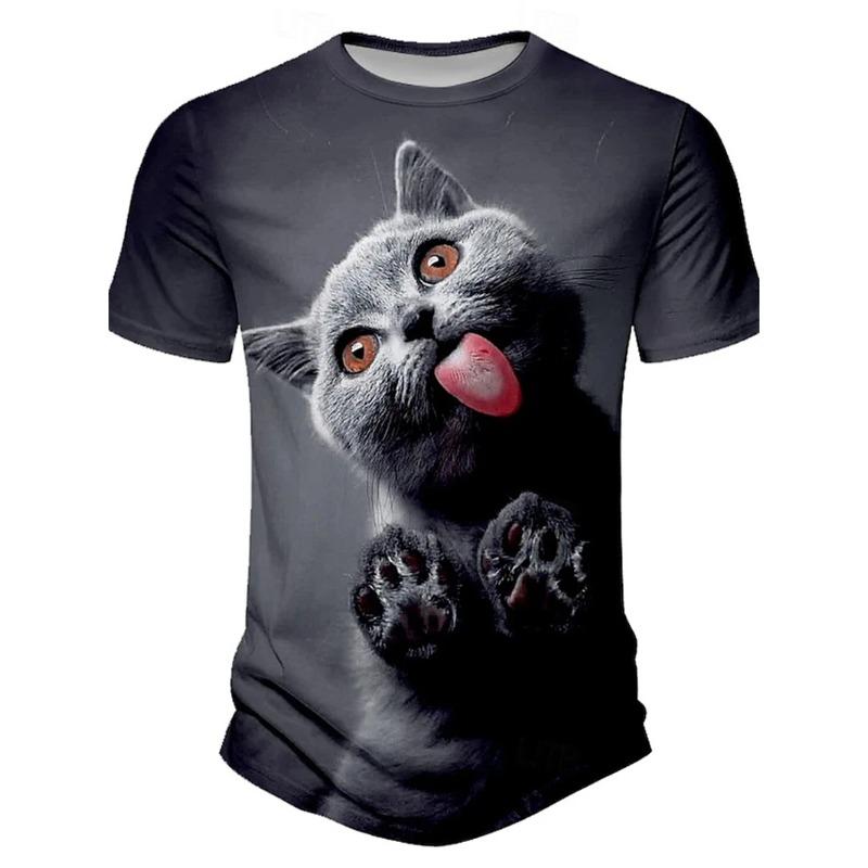 Summer Round Neck Funny Cat Pattern 3D Print Top Fashionable Casual Short Sleeved Men's T-shirts