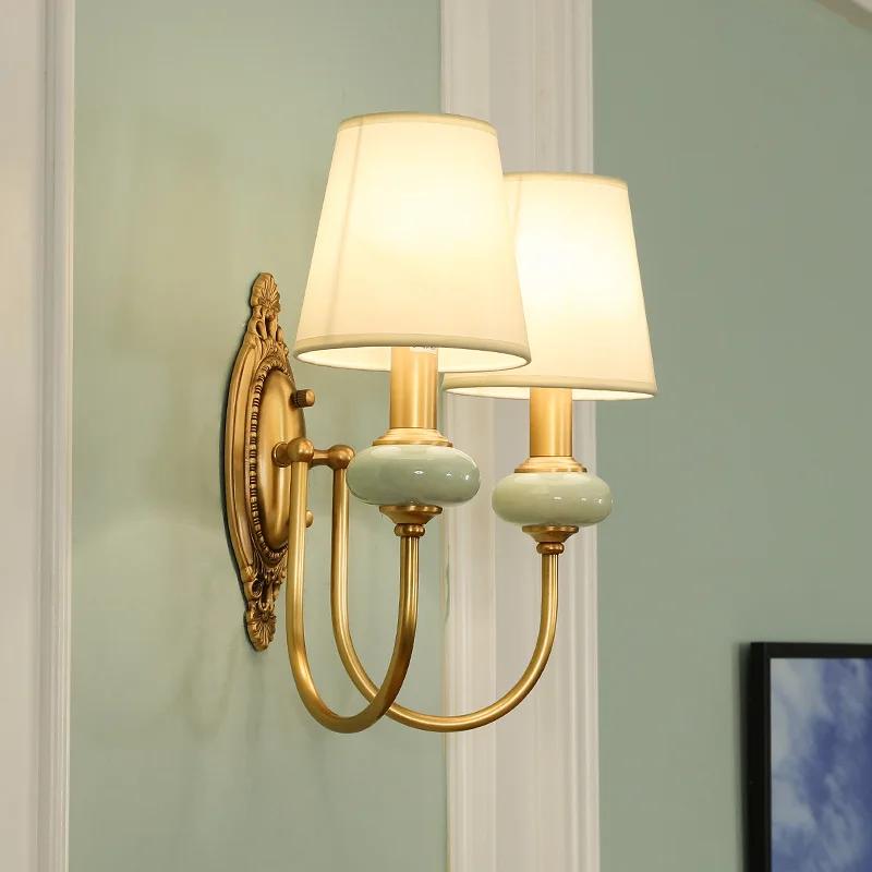 American style minimalist bedroom wall lamp fabric all copper Nordic luxury bedside hotel living room office ceramic wall lamp