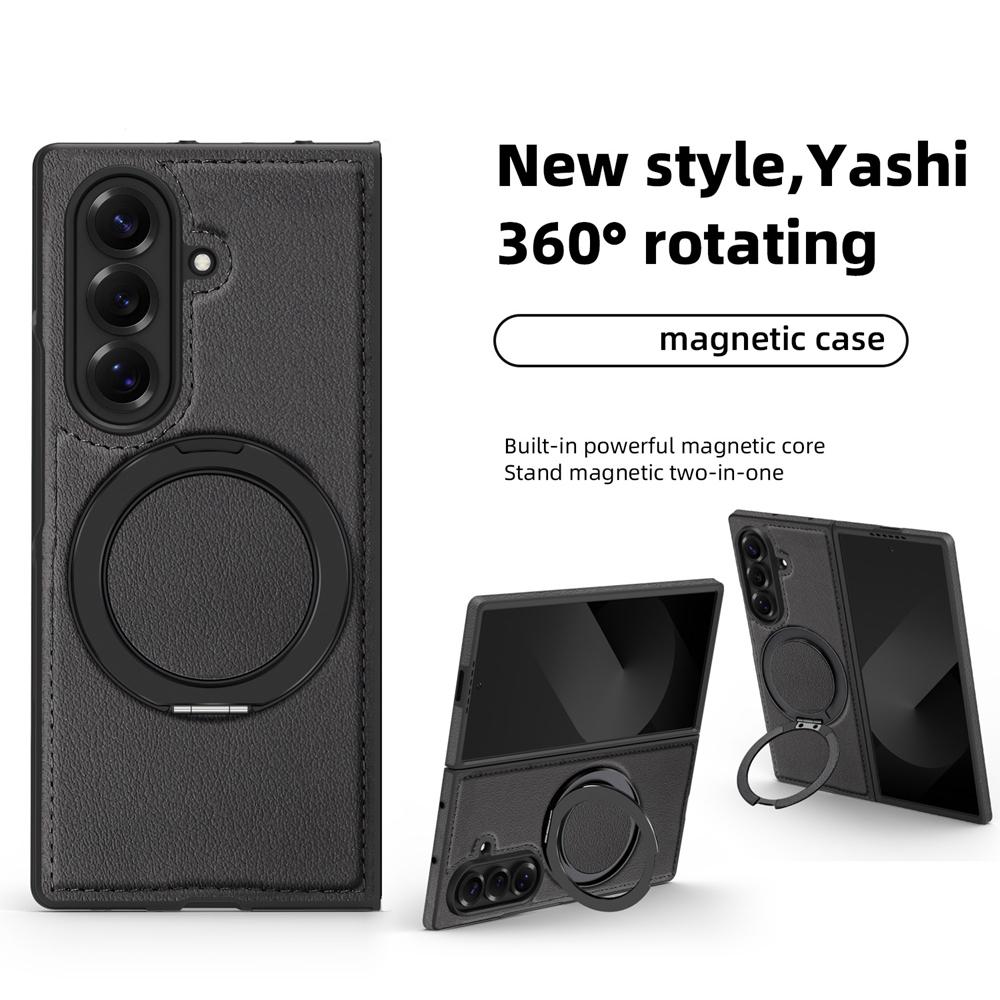 KEYSION 360° Rotating Magnetic Ring Stand PU Leather Case for MagSafe for Samsung Z Fold 7 5G Wireless Charging Phone Back Cover