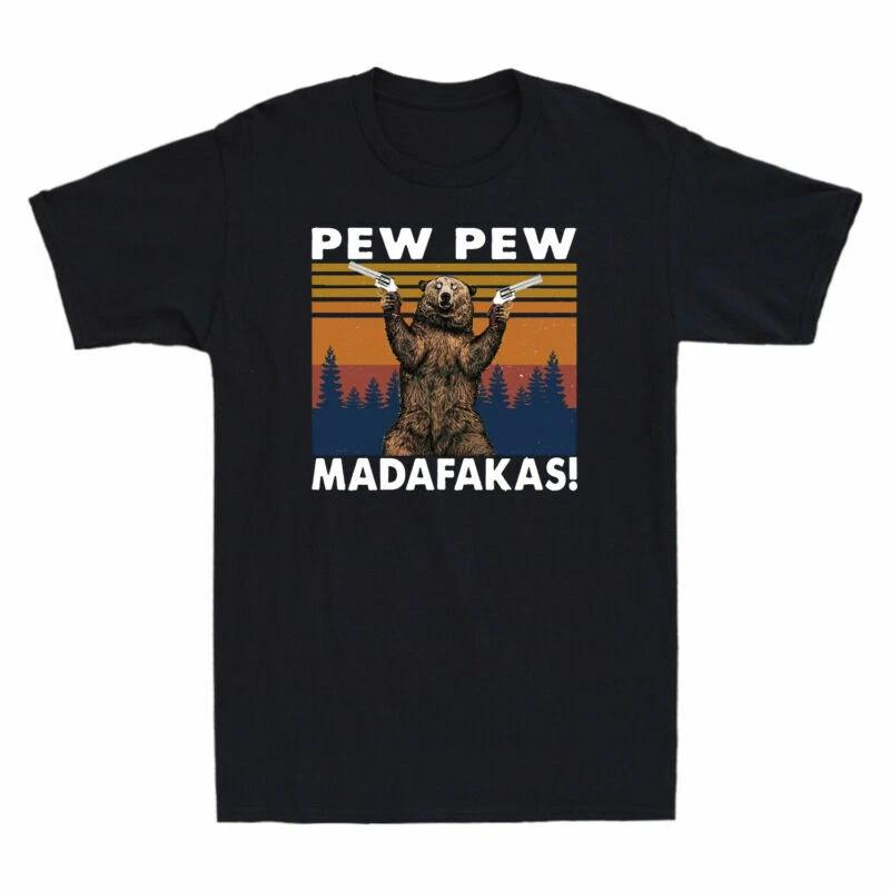 Bear Pew Pew Madafakas Funny Bear Holding Gun Meme Vintage Men s T-Shirt XL