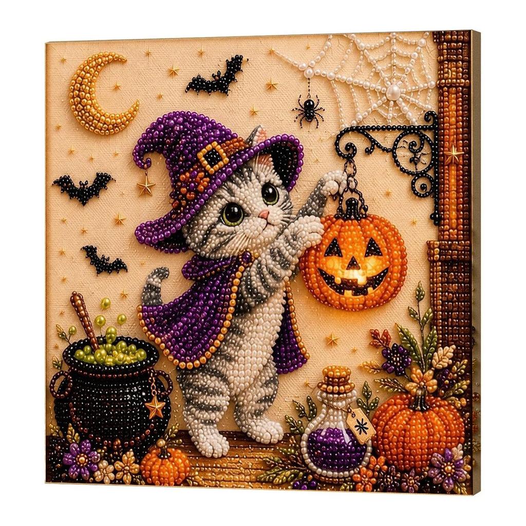 DIY Diamond Painting Kit Halloween Cat Pearl Diamond Painting, Partially Pre-Punched Canvas, Perfect for Home Decor and Holida