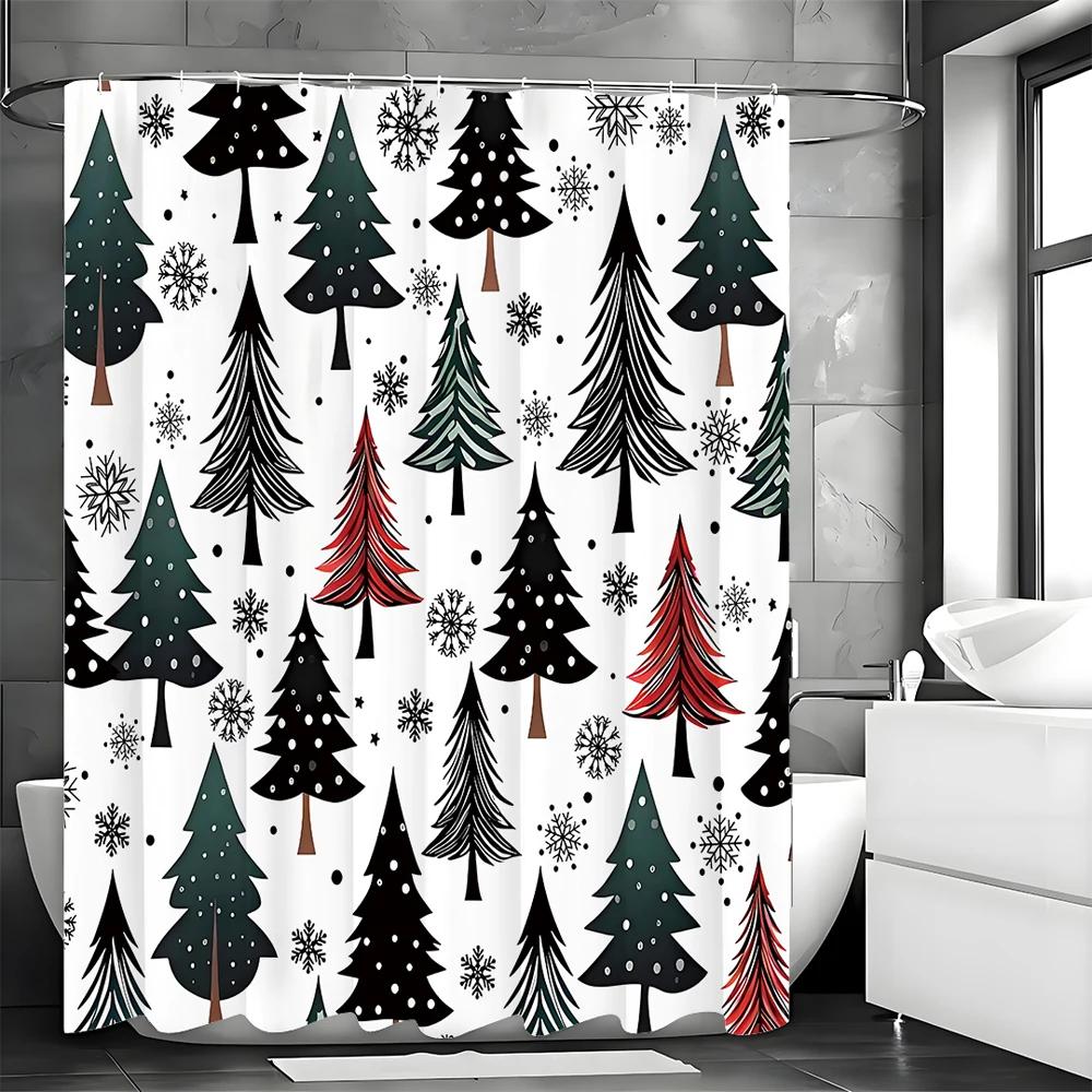 Winter Pine Tree Snowflake Shower Curtain, Bathroom Decorative Shower Curtain, Waterproof Shower Curtain with Hooks