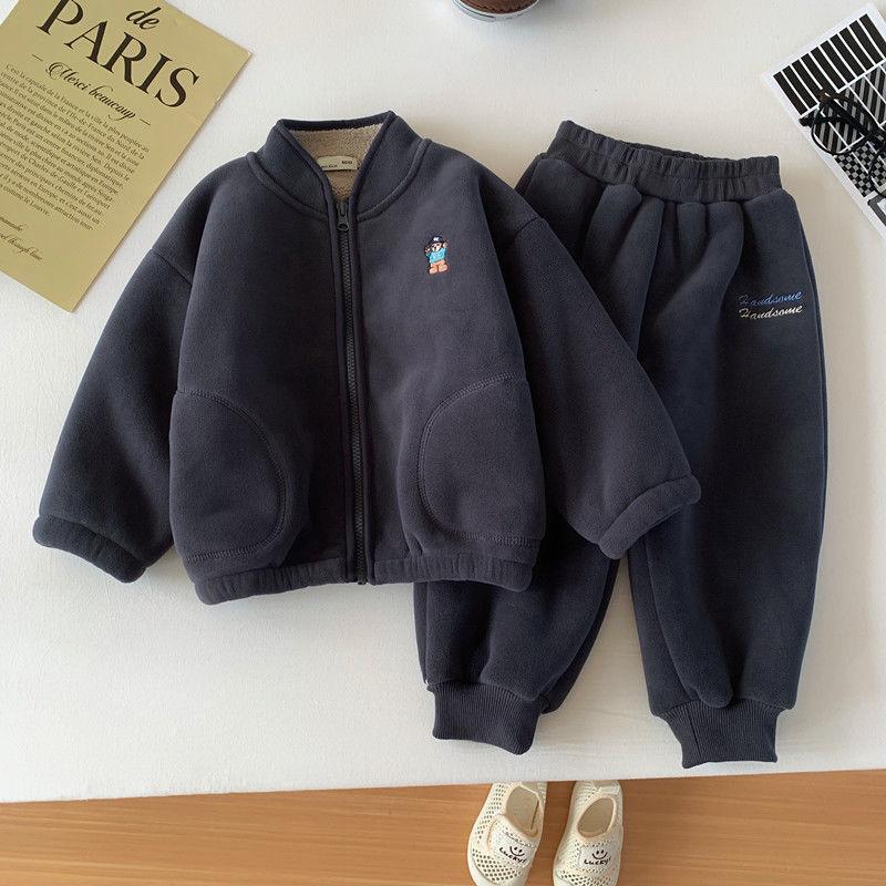 Boys Plus Velvet Thick Jacket Winter Children's Clothing Polar Fleece Children's Baby Warm Jacket Trousers Two-piece Suit