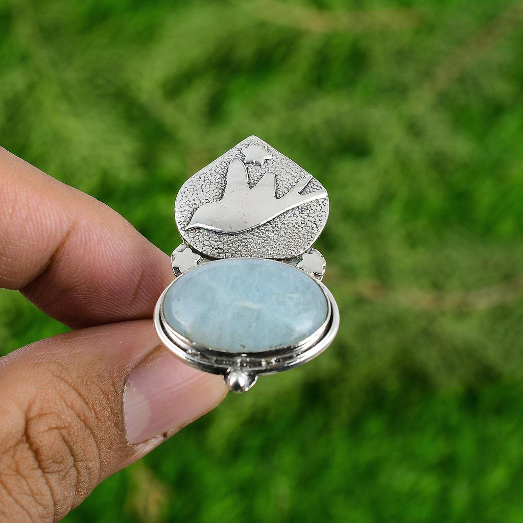 Natural Aquamarine Gemstone 925 Silver Promise Bird Adjustable Ring For Girls
