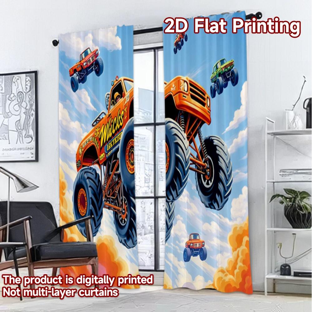 2D-Flachdruck, 2-teilige Vorhänge (Ohne Stange) Fliegende Monster-Trucks Druck Schicke Vorhänge Vielseitige Polyester-Vorhänge Valentinstag