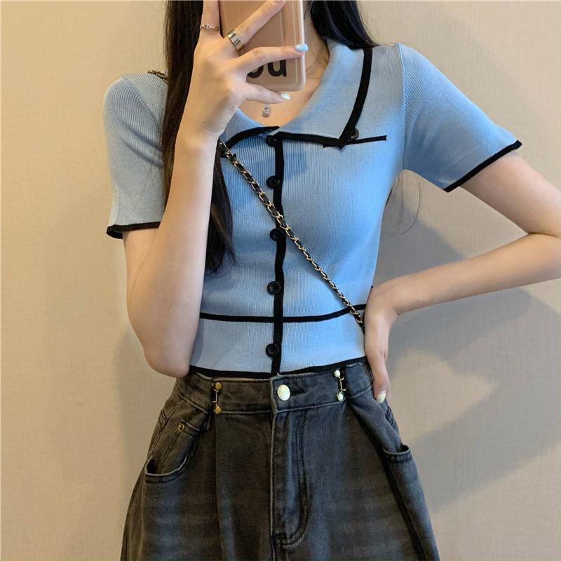 Polo Collar Short Sleeved T-shirt for Women's Summer Design Niche Slim Fit Short Top Spicy Girl Top Ins