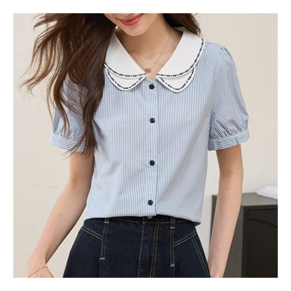Navava Men Stripe Double Collar Short Sleeve Shirt Nb2154