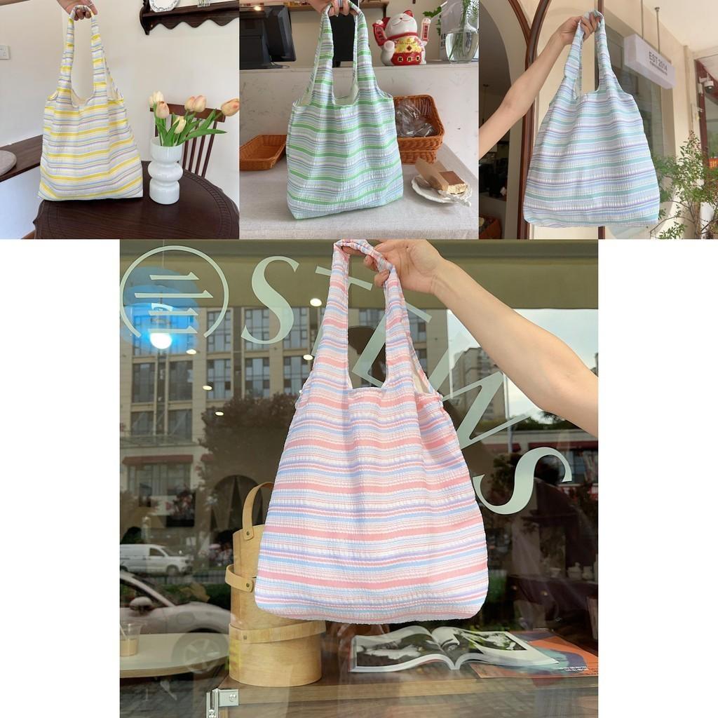 Stylish Dopamine Striped Canvas Tote Bag For Students Large Capacity Summer Handbag